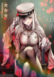 Rule 34 | 1girl, black thighhighs, blush, breasts, cape, crossed legs, gloves, hat, highres, indoors, katana, kink (tortoiseshell), large breasts, long hair, long sleeves, looking at viewer, military hat, military uniform, original, pleated skirt, red eyes, sitting, skirt, smile, solo, sword, thigh strap, thighhighs, two-sided cape, two-sided fabric, uniform, weapon, white cape, white gloves, white hair, white hat, white skirt