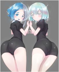 Rule 34 | 2others, androgynous, ass, bad id, bad pixiv id, black shorts, blue eyes, blush, closed mouth, commentary request, cowboy shot, diamond (houseki no kuni), euclase (houseki no kuni), fingers together, from behind, grey background, grey eyes, heterochromia, houseki no kuni, legs together, looking at viewer, looking back, multicolored hair, multiple others, rainbow hair, short hair, short sleeves, shorts, silver hair, simple background, smile, sparkle, thick eyebrows, thigh gap, thighhighs, two-tone hair, uniform, white legwear, yoi naosuke