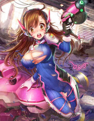Rule 34 | 1girl, alternate breast size, animal print, arm support, armor, blush, bodysuit, boots, bracer, breasts, brown eyes, brown hair, character name, charm (object), covered erect nipples, covered navel, cowboy shot, d.va (overwatch), facepaint, facial mark, finger on trigger, gloves, gun, hand up, headphones, high collar, holding, holding gun, holding weapon, large breasts, lips, lipstick, long hair, long sleeves, makeup, mecha, meka (overwatch), open mouth, overwatch, overwatch 1, parted bangs, pauldrons, pilot suit, pink lips, rabbit, rabbit print, robot, shoulder armor, shoulder pads, signature, skin tight, solo, teeth, thigh boots, thigh gap, thigh strap, thighhighs, thrusters, torn bodysuit, torn clothes, turtleneck, wanzi ma, weapon, whisker markings, white footwear, white gloves