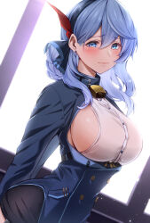 Rule 34 | 1girl, ako (blue archive), bell, belt collar, black skirt, blue archive, blue coat, blue eyes, blue hair, blush, breasts, buttons, closed mouth, coat, collar, double-breasted, dutch angle, earrings, from side, garter straps, hair between eyes, hair ribbon, highres, jewelry, large breasts, long sleeves, looking at viewer, medium hair, miniskirt, neck bell, raised eyebrows, revision, ribbon, shirt, sideboob, skirt, sleeveless, sleeveless shirt, smile, solo, stud earrings, taut clothes, taut shirt, white shirt, yoshimoto (carpsukidayo)