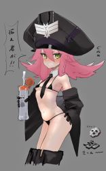 Rule 34 | 1girl, absurdres, ash arms, bad id, bad pixiv id, bikini, black bikini, black gloves, black necktie, blush, breasts, clenched teeth, cowboy shot, detached collar, from side, gears, gloves, green eyes, grey background, hair between eyes, hakuto hotaru, hand on own ass, hat, highres, holding, long sleeves, looking at viewer, lotion, lotion bottle, maus (ash arms), micro bikini, military hat, navel, necktie, nose blush, pink hair, short eyebrows, simple background, small breasts, solo, speech bubble, sweat, swimsuit, teeth, translation request, wide sleeves