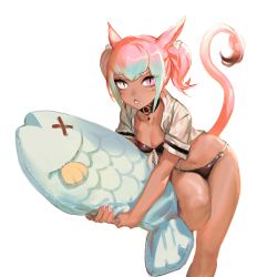 Rule 34 | 1girl, animal ears, bad id, bad pixiv id, bikini, black bikini, body pillow, cat ears, cat tail, choker, dark-skinned female, dark skin, facepaint, final fantasy, final fantasy xiv, fish-shaped pillow, frischenq, heterochromia, looking at viewer, miqo&#039;te, multicolored hair, navel, hugging object, open clothes, open mouth, open shirt, pillow, pink hair, short twintails, slit pupils, solo, swimsuit, tail, twintails, two-tone hair, white background
