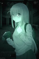 Rule 34 | 1girl, artist name, backpack, bag, bocchi the rock!, camera, clenched hand, cube hair ornament, gotoh hitori, green theme, hair ornament, highres, holding, holding camera, indoors, jacket, light particles, long hair, night vision, one side up, open mouth, pleated skirt, rappa, scared, sidelocks, skirt, solo, standing, track jacket