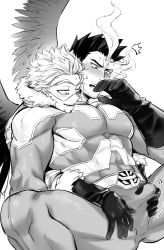 Rule 34 | 2boys, absurdres, bara, blush, bodysuit, boku no hero academia, bulge, couple, covered abs, crotch grab, endeavor (boku no hero academia), erection, erection under clothes, facial hair, feet out of frame, gloves, greyscale, groping, hawks (boku no hero academia), head on another&#039;s shoulder, helen roro, highres, large pectorals, male focus, mature male, monochrome, motion lines, multiple boys, muscular, muscular male, pectorals, scar, scar across eye, scar on face, short hair, sideburns, solo focus, spiked hair, spread legs, stubble, thick thighs, thighs, yaoi