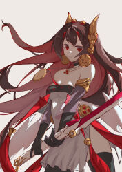 Rule 34 | bare shoulders, black gloves, breasts, brown hair, china dress, chinese clothes, cleavage, closed mouth, colored inner hair, detached sleeves, dress, earrings, elbow gloves, fake horns, gloves, hair ornament, highres, holding, holding sword, holding weapon, horns, jewelry, long hair, lucia: plume (eventide glow) (punishing: gray raven), lucia (punishing: gray raven), multicolored hair, panluo, punishing: gray raven, red eyes, red hair, small breasts, sword, very long hair, weapon, white background