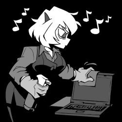 Rule 34 | 1girl, black background, bottle, breasts, cleaning, closed mouth, computer, cowboy shot, demon girl, demon horns, eighth note, gloves, greyscale, helltaker, holding, holding bottle, horns, laptop, large breasts, long sleeves, malina (helltaker), monochrome, musical note, pantyhose, shirt, solo, vanripper, vest