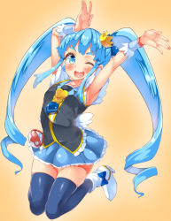 Rule 34 | 10s, 1girl, armpits, arms up, blue eyes, blue hair, blue skirt, blue thighhighs, blush, brooch, crown, cure princess, happinesscharge precure!, heart, heart brooch, long hair, magical girl, mamedenkyuu (berun), matching hair/eyes, one eye closed, open mouth, precure, shirayuki hime, skirt, solo, thighhighs, twintails, wink
