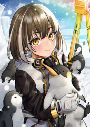 Rule 34 | 1girl, animal, arknights, bird, bird mask, blue sky, blush, brown hair, closed mouth, cloud, cloudy sky, coat, commentary, day, earrings, expulse, eyelashes, gas mask, glint, gloves, hair between eyes, highres, holding, holding animal, hoop earrings, ice, jewelry, lips, looking at viewer, magallan (arknights), mask, mask around neck, multicolored hair, orange eyes, outdoors, penguin, short hair, single earring, sky, smile, snow, solo, streaked hair, theodolite, tripod, two-tone hair, upper body, white coat, white gloves, white hair, winter clothes, winter coat