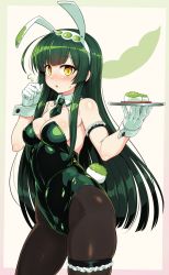 Rule 34 | 1girl, ahoge, animal ears, bad id, bad twitter id, bare shoulders, black pantyhose, blush, breasts, cleavage, covered navel, detached collar, fake animal ears, food, green hair, green hairband, hairband, highres, large breasts, leotard, long hair, looking at viewer, mochi, null (nyanpyoun), open mouth, pantyhose, pea pod, playboy bunny, rabbit ears, rabbit tail, skindentation, solo, strapless, strapless leotard, sweatdrop, tail, thigh strap, touhoku zunko, tray, very long hair, vocaloid, voiceroid, wrist cuffs, yellow eyes