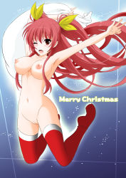 Rule 34 | 10s, 1girl, blush, breasts, christmas, cleft of venus, highres, large breasts, long hair, looking at viewer, merry christmas, navel, nipples, nude, one eye closed, open mouth, pussy, rakudai kishi no cavalry, red eyes, red hair, solo, stella vermillion, thighhighs, twintails, uncensored, very long hair, yajima index