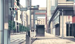 Rule 34 | bad id, bad pixiv id, building, city, cityscape, commentary request, hakuurei amano, highres, no humans, original, outdoors, road, scenery, security camera, shadow, street, traffic light, tree, watermark