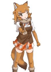 Rule 34 | 1girl, animal ears, boots, bow, bowtie, brown eyes, brown footwear, brown gloves, brown hair, brown thighhighs, brown vest, dhole (kemono friends), dhole (kemono friends) (old design), dog ears, dog girl, dog tail, elbow gloves, fur collar, fur trim, gloves, highres, kemono friends, light brown hair, looking at viewer, multicolored hair, one eye closed, orange bow, orange bowtie, orange skirt, plaid, plaid skirt, pleated skirt, shirt, short hair, short sleeves, skirt, solo, tail, thighhighs, uf34a, vest, white shirt, zettai ryouiki
