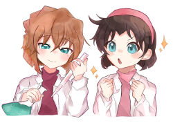 Rule 34 | 2girls, blue eyes, blush stickers, bottle, bubble, child, clenched hands, closed mouth, coat, excited, haibara ai, holding, holding bottle, holding pipette, lab coat, long sleeves, looking at another, looking at viewer, meitantei conan, multiple girls, open mouth, pink shirt, pipette, red shirt, shirt, smile, sparkle, turtleneck, upper body, utrs2348, white coat, yoshida ayumi