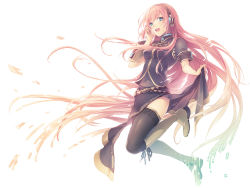 Rule 34 | 1girl, :d, aqua eyes, black thighhighs, blue eyes, blush, boots, breasts, clothes lift, female focus, hand on own face, headphones, long hair, looking at viewer, maro (nikeneko523), megurine luka, midriff, navel, open mouth, pink hair, round teeth, skirt, skirt hold, skirt lift, smile, solo, teeth, thigh boots, thighhighs, thighs, very long hair, vocaloid
