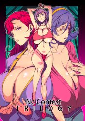Rule 34 | breasts, cleavage, cover, cover page, cuffs, curvy, handcuffs, highres, huge breasts, jewelry, miura takehiro, mole, mole on breast, original, purple hair, red hair, ring, swimsuit, underboob, wedding band