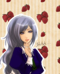 Rule 34 | 00s, 1girl, female focus, food, fruit, hanazono shizuma, lips, lipstick, long hair, looking at viewer, makeup, necktie, purple eyes, silver hair, smile, solo, strawberry, strawberry panic!