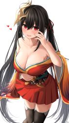 Rule 34 | 1girl, :d, ahoge, arm under breasts, armpits, azur lane, bad id, bad pixiv id, bare shoulders, black hair, black thighhighs, blush, breasts, cleavage, collarbone, commentary request, cowboy shot, crossed bangs, hair between eyes, hair ribbon, hakama, hakama short skirt, hakama skirt, hand up, heart, highres, japanese clothes, kimono, large breasts, long hair, looking at viewer, mask, mask on head, obi, off shoulder, open mouth, ramchi, red eyes, red kimono, red ribbon, ribbon, sash, sidelocks, signature, simple background, skirt, smile, solo, standing, taihou (azur lane), thighhighs, very long hair, white background, wide sleeves, zettai ryouiki