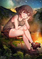 Rule 34 | 1girl, akiyama yukari, black shorts, blush, breasts, brown eyes, brown hair, camouflage, camouflage shirt, campfire, cleavage, collarbone, girls und panzer, highres, large breasts, looking at viewer, megadeko, navel, night, night sky, on chair, open clothes, open mouth, open shorts, outdoors, shiny skin, shirt, short hair, shorts, sitting, sky, smile, solo, star (sky), starry sky, tank top