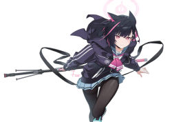 Rule 34 | 1girl, absurdres, animal ears, black hair, black jacket, black pantyhose, blue archive, breasts, bren lmg, cat ears, closed mouth, colored inner hair, crotch seam, dated, gun, halo, highres, holding, holding gun, holding weapon, hood, hooded jacket, jacket, kazusa (blue archive), light machine gun, long sleeves, looking at viewer, machine gun, miniskirt, multicolored hair, neckerchief, pantyhose, pink eyes, pink neckerchief, sailor, senshu, short hair, signature, simple background, skirt, small breasts, smile, solo, thighband pantyhose, weapon, white background, white skirt