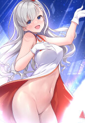 Rule 34 | 1girl, bare shoulders, blue eyes, blush, bottomless, breasts, dress, earrings, gloves, grey hair, hand on own chest, hand up, highres, hisakawa hayate, idolmaster, idolmaster cinderella girls, jewelry, long hair, looking at viewer, medium breasts, mk (mod0), navel, open mouth, sky, sleeveless, sleeveless dress, smile, solo, star (sky), starry sky, stud earrings, two-tone dress, very long hair, voy@ger (idolmaster), wavy hair, white gloves