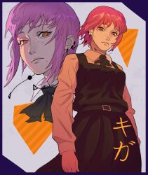 Rule 34 | 1girl, absurdres, andrei (shidanasu), black dress, chainsaw man, character name, dress, ear piercing, earrings, fami (chainsaw man), freckles, highres, jewelry, looking at viewer, piercing, pink hair, ringed eyes, school uniform, shirt, white shirt