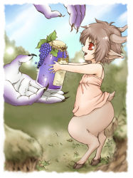 Rule 34 | berry, brown hair, child, claws, colored skin, grass, hooves, horns, jar, joka (hiwai), leaf, monster girl, purple skin, red eyes, satyr, short hair, size difference, smile, standing, tagme