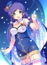 Rule 34 | 10s, 1girl, :d, breasts, constellation, dress, earrings, female focus, hat, hat ornament, horoscope, jewelry, kageira, large breasts, long hair, looking at viewer, love live!, love live! school idol festival, love live! school idol project, open mouth, purple hair, smile, solo, star (symbol), star print, starry sky print, sun symbol, thighhighs, tojo nozomi, twintails, zodiac