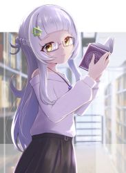 Rule 34 | 1girl, bare shoulders, bespectacled, black skirt, blunt bangs, book, commentary request, glasses, gloves, hair ornament, highres, hilamaru, holding, holding book, hololive, library, long hair, long sleeves, looking at viewer, murasaki shion, rimless eyewear, skirt, smile, solo, virtual youtuber