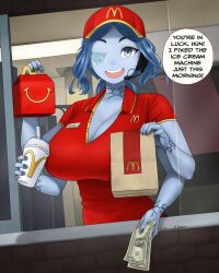 Rule 34 | 1girl, blue eyes, blue hair, blue skin, breasts, cleavage, colored skin, dismaiden, drive-thru, elden ring, employee uniform, english text, extra arms, fast food, fast food uniform, food, happy meal, headset, huge breasts, ice cream, large breasts, looking at viewer, mcdonald&#039;s, microphone, open mouth, polo shirt, ranni the witch, red shirt, shirt, short sleeves, solo, source request, unbuttoned, unbuttoned shirt, uniform