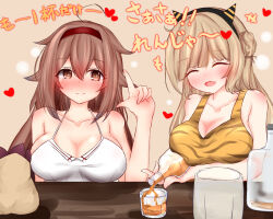 Rule 34 | 2girls, ahoge, alternate costume, animal print, bare shoulders, black hairband, blonde hair, blush, bottle, breasts, brown eyes, brown hair, cleavage, closed eyes, collarbone, commentary request, cup, drunk, fake horns, gradient hair, hair between eyes, hair bun, hair flaps, hairband, heart, highres, horns, kantai collection, large breasts, long hair, looking at viewer, multicolored hair, multiple girls, open mouth, pointing, pointing up, ranger (kancolle), red hairband, shiratsuyu (kancolle), shiratsuyu kai ni (kancolle), smile, translation request, upturned eyes, wine bottle, yuki (yukineko-nyaa)