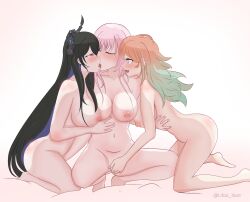 Rule 34 | 3girls, absurdres, asymmetrical horns, black hair, blue hair, blush, breasts, closed eyes, colored inner hair, completely nude, demon horns, fff threesome, gradient hair, group sex, highres, hololive, hololive english, horns, kiss, large breasts, lifaa illust, mori calliope, multicolored hair, multiple girls, nerissa ravencroft, nipples, nude, open mouth, orange hair, pink hair, red eyes, takanashi kiara, threesome, virtual youtuber, yuri