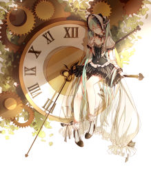 Rule 34 | 1girl, 39, clock, closed eyes, gears, green hair, hat, hatsune miku, long hair, roman numeral, sitting, skirt, solo, twintails, very long hair, vocaloid, white hat