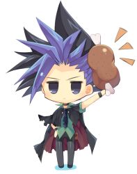 Rule 34 | 1boy, :&lt;, ^^^, black hair, blue eyes, blue hair, boned meat, chibi, choker, dyed bangs, food, hand on own hip, holding meat, jacket, jitome, looking at viewer, male focus, meat, multicolored hair, pants, rento (rukeai), solo, spiked hair, standing, torn clothes, torn jacket, yu-gi-oh!, yu-gi-oh! arc-v, yuuto (yu-gi-oh!)