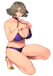 Rule 34 | 1girl, bikini, bracelet, breasts, character request, cleavage, collarbone, copyright request, grey hair, hair between eyes, half-closed eyes, highres, jewelry, large breasts, legs, looking at viewer, mature female, mogiki hayami, mole, mole under mouth, nail polish, navel, pink nails, purple bikini, red eyes, short hair, simple background, smile, solo, squatting, swimsuit, white background