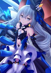 Rule 34 | 1girl, absurdres, black gloves, blush, breasts, bronya zaychik, bronya zaychik (herrscher of reason), bug, butterfly, center opening, crossed bangs, dress, drill hair, earrings, elbow gloves, gloves, hair ornament, hand up, highres, honkai (series), honkai impact 3rd, insect, jewelry, koko (koko3), layered dress, light particles, long hair, looking at viewer, project bunny, quad drills, silver hair, small breasts, solo, thighhighs, white thighhighs