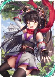 Rule 34 | 1girl, akkijin, black hair, breasts, card (medium), flower, hair flower, hair ornament, japanese clothes, looking at viewer, medium breasts, ninja, official art, outdoors, pagoda, ponytail, red scarf, scarf, shinkai no valkyrie, solo, thighhighs, tree, yellow eyes