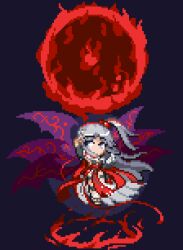 Rule 34 | 1girl, arknights, black background, black bra, bra, commentary, commission, cosplay, demon wings, english commentary, full body, grey hair, hair bobbles, hair ornament, high-waist skirt, long hair, looking to the side, multiple wings, nukekip, one side up, pixel art, pozyomka (arknights), pozyomka (arknights) (cosplay), red skirt, shinki (touhou), simple background, skirt, solo, touhou, touhou (pc-98), underwear, wings