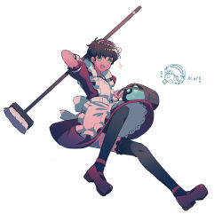 Rule 34 | !, 1boy, absurdres, alternate costume, apron, back bow, black thighhighs, bow, broom, brown hair, bucket, bucket of water, crossdressing, dress, enmaided, film grain, frilled apron, frilled cuffs, frills, full body, green eyes, gundam, gundam zz, highres, holding, holding broom, holding bucket, judau ashta, looking at viewer, maid, maid headdress, male focus, open mouth, petticoat, pin (penco co), puffy short sleeves, puffy sleeves, red dress, red footwear, short hair, short sleeves, sideways glance, simple background, solo, sparkle, thick eyebrows, thighhighs, white apron, white background, white bow, wrist cuffs
