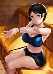 Rule 34 | 1girl, bare shoulders, black hair, black shorts, blue sports bra, blush, bracelet, breasts, brick wall, brown eyes, cleavage, closed mouth, highres, indoors, jewelry, large breasts, looking to the side, midriff, navel, neko neko koneko, original, outstretched arm, parted bangs, pink lips, short hair, short shorts, shorts, sitting, smile, solo, sports bra, stomach, sweat, thighs, water drop, wooden floor