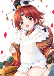 Rule 34 | 1girl, :o, benienma (fate), bird, blush, commentary request, confetti, fate/grand order, fate (series), hand on another&#039;s head, hat, highres, long hair, looking at viewer, mayusaki yuu, open mouth, ponytail, red eyes, red hair, seiza, signature, sitting, sleeping, white background