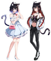 Rule 34 | 2girls, :d, absurdres, animal ear fluff, animal ears, bag, bare legs, benghuai xueyuan, black bow, black bowtie, black footwear, black hair, black pants, blue bow, blue skirt, boots, bow, bowtie, breasts, cat ears, cat girl, cat tail, colored inner hair, commentary request, crop top, detached collar, extra ears, eyewear hang, unworn eyewear, food, hair between eyes, hands in pockets, high-waist skirt, high heel boots, high heels, highres, holding, holding food, honkai (series), honkai impact 3rd, ice cream, ice cream cone, jacket, long hair, long sleeves, looking at viewer, medium breasts, midriff, multicolored hair, multiple girls, navel, off shoulder, open clothes, open jacket, open mouth, pants, pleated skirt, purple eyes, purple hair, red bow, red eyes, red hair, ribbon-trimmed skirt, ribbon trim, seele (alter ego), seele vollerei, shirt, short hair, short sleeves, shoulder bag, skirt, smile, sunglasses, tail, tail bow, tail ornament, takeawatch, tongue, tongue out, white bow, white footwear, white jacket, white shirt