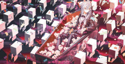 Rule 34 | 1girl, absurdres, alternate costume, black neckwear, black suit, bow, bowtie, coffin, collared shirt, confetti, crumpled paper, expressionless, formal, fujiwara no mokou, funeral, hair between eyes, hair bow, highres, hime cut, huang gua, long hair, long sleeves, looking away, low-tied long hair, necktie, ofuda, paper, red eyes, shirt, sidelocks, silver hair, sitting, smoke, solo, suit, touhou, white bow, white shirt