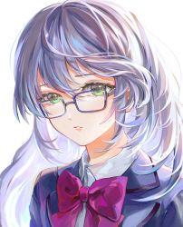 Rule 34 | 1girl, blue jacket, bow, bowtie, collared shirt, floating hair, glasses, green eyes, hair between eyes, highres, jacket, long hair, looking at viewer, original, parted lips, portrait, purple-framed eyewear, red bow, red bowtie, resolution mismatch, school uniform, shirt, silver hair, simple background, solo, source smaller, straight hair, tomato (kiiroitomato33), white background, white shirt, wing collar