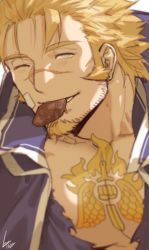 Rule 34 | 1boy, bara, blind, blonde hair, blurry, blurry foreground, candy, chest tattoo, chocolate, chocolate bar, facial hair, food, food in mouth, goatee, gomtang, incoming food, jacob (housamo), jewelry, large pectorals, leaning forward, long sideburns, male focus, mature male, muscular, muscular male, necklace, one eye closed, pectoral cleavage, pectorals, pov, robe, scar, scar on face, scar on nose, short hair, sideburns, solo, stubble, tattoo, tokyo houkago summoners, torn clothes, torn robe, upper body