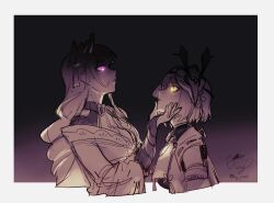 Rule 34 | 2girls, black background, border, bridal gauntlets, eye contact, genshin impact, gradient background, grey border, hair ornament, hand on another&#039;s chin, highres, japanese clothes, kimono, kujou sara, limited palette, long hair, looking at another, mask, mask on head, multiple girls, purple background, purple eyes, raiden shogun, rey yeet, signature, spot color, twitter username, upper body, yellow eyes