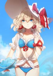 Rule 34 | 1girl, adapted costume, alice margatroid, bad id, bad twitter id, bikini, blouse, blue bikini, breasts, cleavage, cowboy shot, day, hat, highres, innertube, looking at viewer, no-kan, palm tree, see-through, shirt, solo, standing, swim ring, swimsuit, touhou, tree, white hat, white shirt