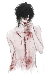 Rule 34 | black hair, blood, blood stain, cuts, green eyes, hand on own face, highres, injury, long hair, qianyuzhu2, scar, slow damage, stitches, tongue, tongue out, towa (slow damage)