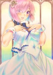 Rule 34 | 1girl, bare shoulders, blush, bow, bowtie, breasts, commentary request, dress, fate/grand order, fate (series), flower, hachi78b, hair flower, hair ornament, hands on own chest, highres, looking at viewer, marker (medium), mash kyrielight, mash kyrielight (under the same sky), medium breasts, open mouth, purple eyes, purple hair, short hair, smile, solo, traditional media, upper body, white dress, wrist cuffs