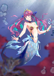 Rule 34 | 1girl, absurdres, ahoge, air bubble, blue hair, blurry, blurry background, blush, braid, breasts, bubble, colored inner hair, commentary request, crystal, day, depth of field, fingernails, fins, full body, hand up, head fins, heart, highres, hololive, kaiven banzhang, long hair, looking away, looking to the side, medium breasts, mermaid, minato aqua, monster girl, monsterification, multicolored hair, navel, open mouth, outdoors, pubic tattoo, purple eyes, purple hair, sidelocks, solo, star (symbol), sunlight, tattoo, tiara, twintails, two-tone hair, underwater, very long hair, virtual youtuber, water