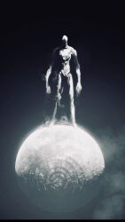 Rule 34 | 1other, bald, black background, black border, border, crater, divine entity, faceless, full moon, giant, god (one-punch man), greyscale, highres, monochrome, moon, murata yuusuke, no eyes, no mouth, no nose, one-punch man, planet, solo, space, standing